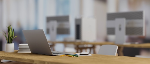 Renderização 3D laptop computador em mesa de madeira com material de papelaria e vaso de plantas