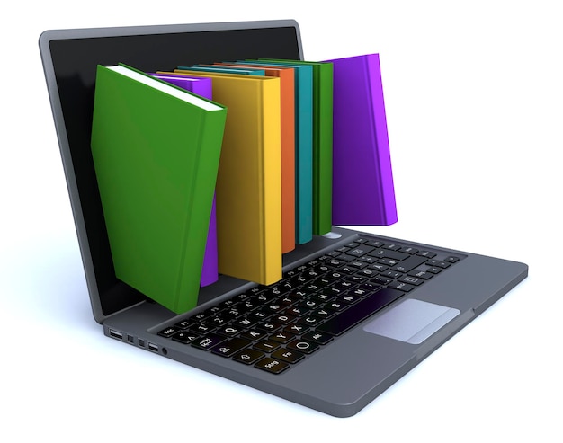 Foto renderização 3d laptop e livros