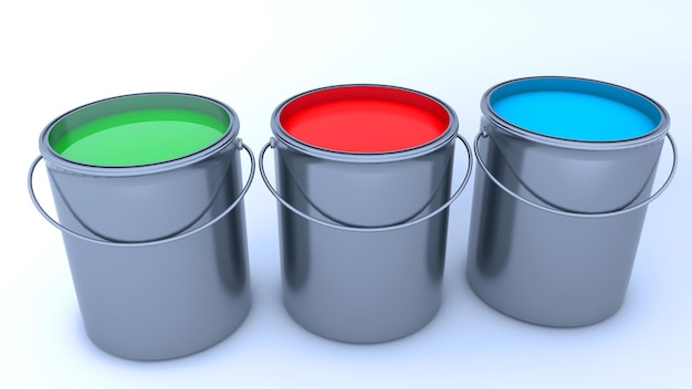 Foto renderização 3d. latas de tinta e cores