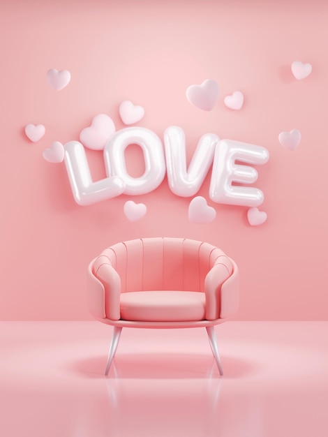 renderização 3D Letra LOVE coração rosa e sofá em fundo de cor rosa para design de dia dos namorados e mãe