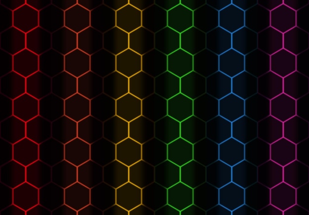 Foto renderização 3d lgbt luz da bandeira de cor do arco-íris no fundo da parede de malha de padrão hexágono