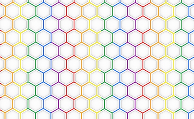 Foto renderização 3d. luz da bandeira da cor do arco-íris lgbt no fundo da parede de malha de padrão hexagonal.