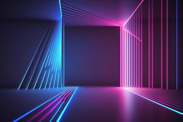 renderização 3D luz neon abstrato fundo ultravioleta linhas brilhantes dinâmicas raios laser rosa azul moda fundo do palco