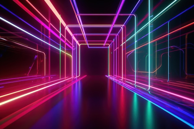 renderização 3D luz neon abstrato fundo ultravioleta linhas brilhantes dinâmicas raios laser rosa azul moda fundo do palco