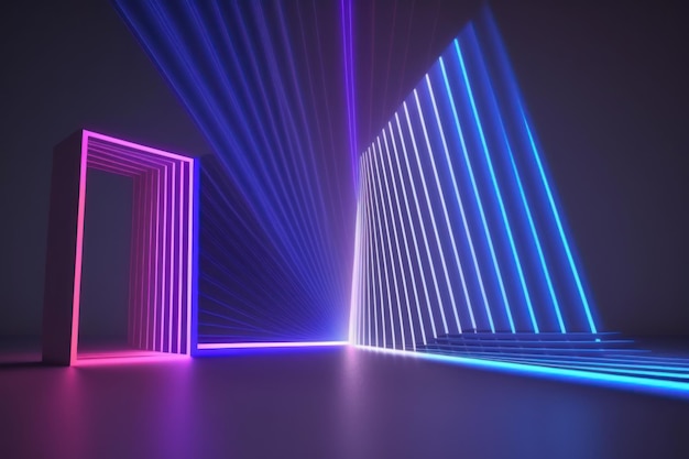 renderização 3D luz neon abstrato fundo ultravioleta linhas brilhantes dinâmicas raios laser rosa azul moda fundo do palco