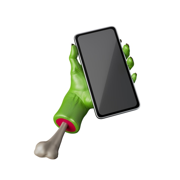Foto renderização 3d mão de zumbi verde segura telefone inteligente