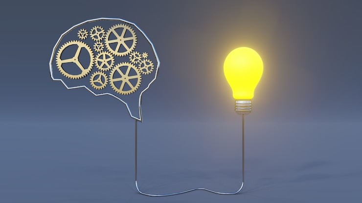Foto renderização 3d, mecanismo do cérebro e equipamento com lâmpada de ideia