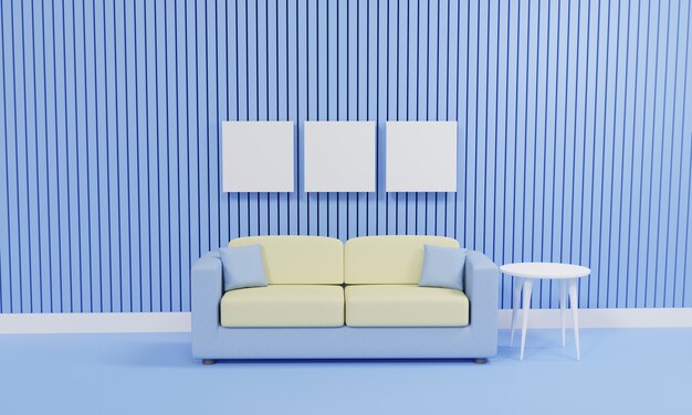 Renderização 3d minimalista na sala de estar com sofá contra parede azul