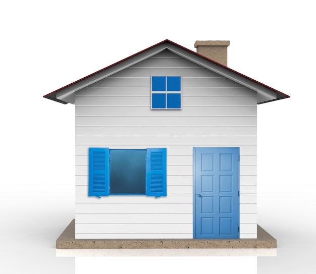 Renderização 3D modelo de casa branca com janela e porta azuis