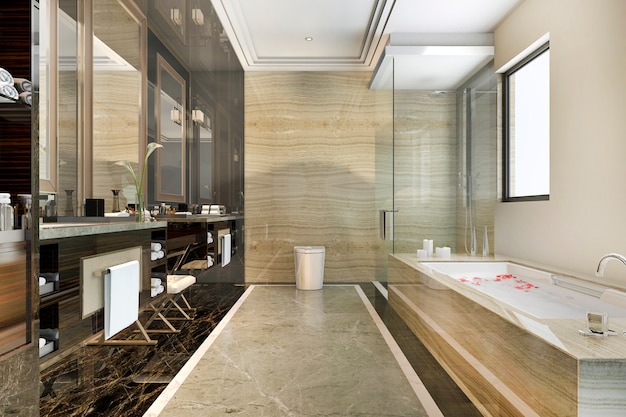 Renderização 3d moderna casa de banho clássica com decoração de azulejos de luxo com bela vista da janela