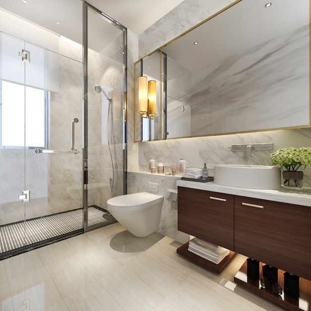 Renderização 3D moderna casa de banho com decoração de azulejos de luxo
