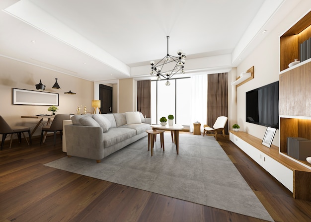 Renderização 3D moderna sala de jantar e sala de estar com decoração de luxo