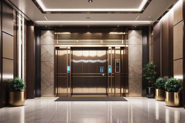 Renderização 3d moderno lobby de elevador de aço em hotel de negócios com design de luxo