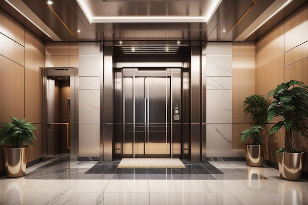 Foto renderização 3d moderno lobby de elevador de aço em hotel de negócios com design de luxo