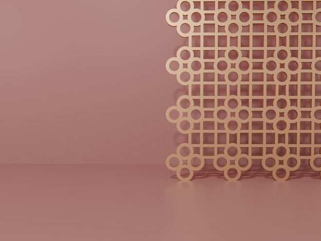 Renderização 3d monocromático rosa e rosa claro fundo de foto de estúdio dourado com tela de decoração em estilo chinês para exibição de produtos de beleza e bebidas