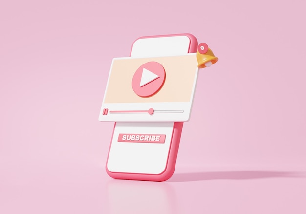 Renderização 3D Multimídia online com smartphone moderno tocando vídeo flutuando na conexão de mídia sem fio de fundo rosa assinar ilustração de espaço de cópia de banner