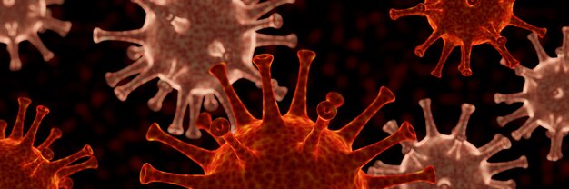 Renderização 3D. Mutação do vírus. Pandemia de Covid-19 microscópica vermelha.