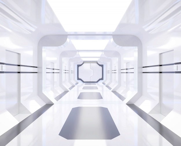 Renderização 3D Nave espacial branco e brilhante interior com vista, túnel, corredor