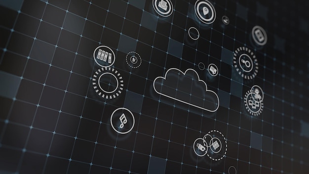 Renderização 3d o conceito de tecnologias de nuvem e processamento de dados do servidor