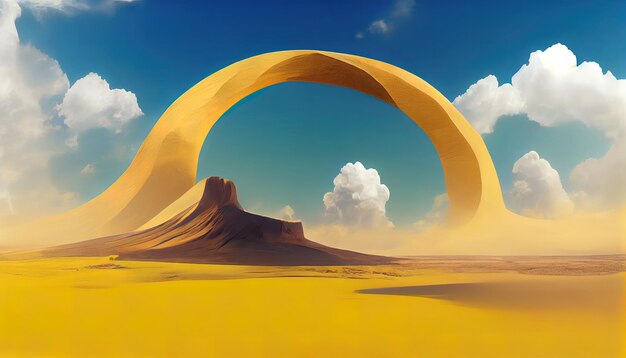 renderização 3D Paisagem surreal do deserto com arco amarelo e nuvens brancas no céu azul em dia ensolarado