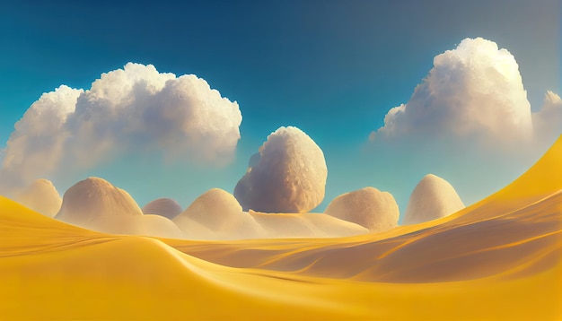 renderização 3D Paisagem surreal do deserto com arcos amarelos e nuvens brancas no céu azul