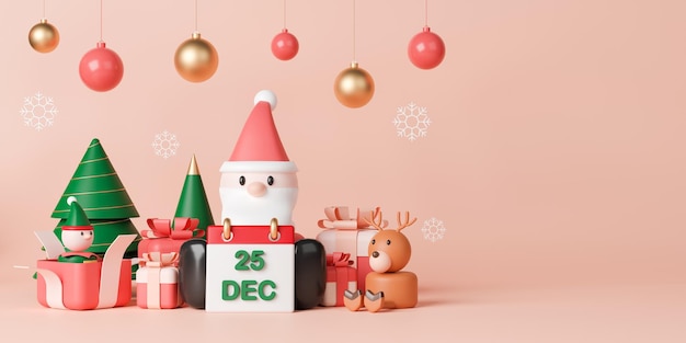 Renderização 3D Papai Noel com calendário e decoração de Natal em fundo rosa