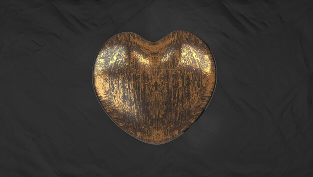 renderização 3D para coração dourado sujo com fundo preto, coração isolado
