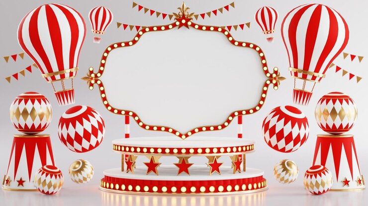 Renderização 3D para o pódio do tema da feira de carnaval do circo do parque de diversões com muitos passeios e lojas ilustração 3d da tenda de circo