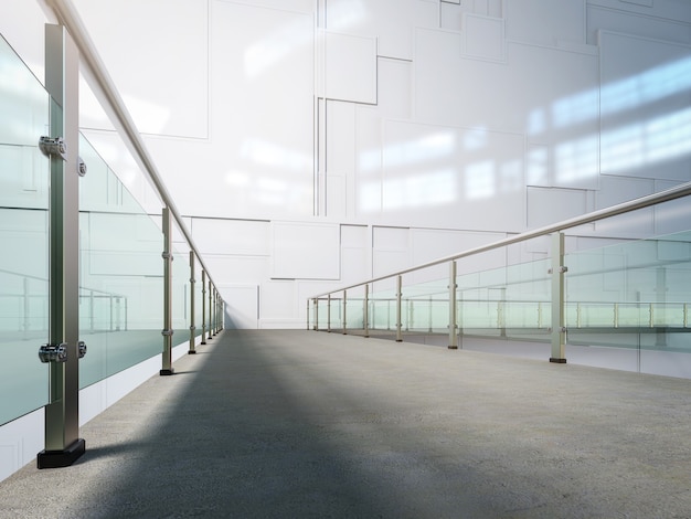 Renderização 3D: passarela vazia com barreira de vidro e parede branca