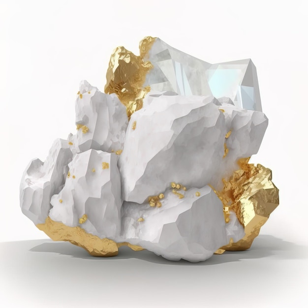 renderização 3D pedra de giz branco abstrato com cristais dourados Objeto minimalista estético