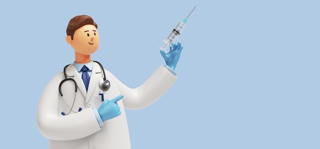 Renderização 3D Personagem de desenho animado médico segura seringa com vacina contra coronavírus