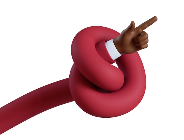 Foto renderização 3d personagem de desenho animado nó mão flexível mostra direção com o dedo apontando
