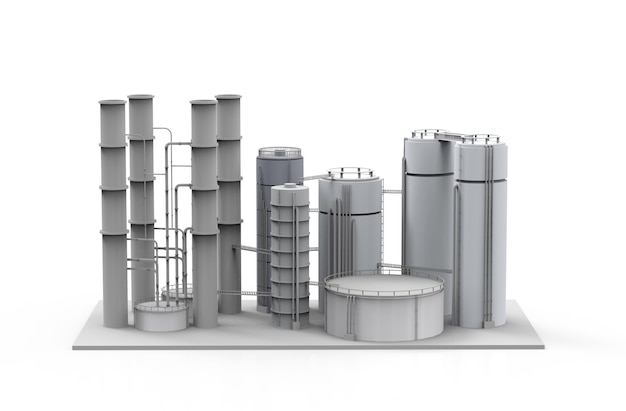 Renderização 3D planta de refinaria de petróleo em fundo branco