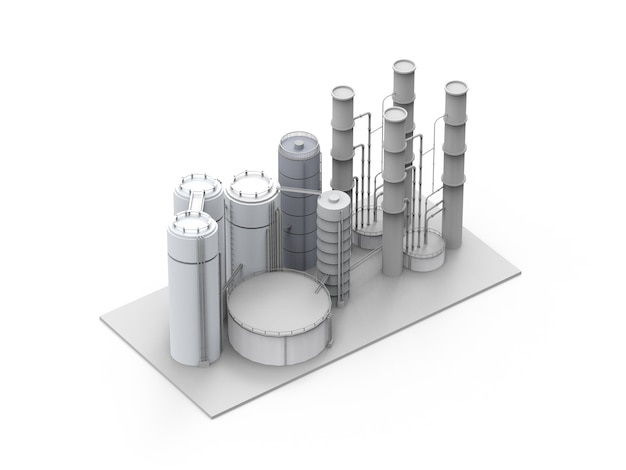 Renderização 3D planta de refinaria de petróleo em fundo branco