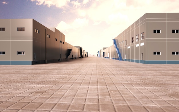 Renderização 3d. planta industrial com lindo céu