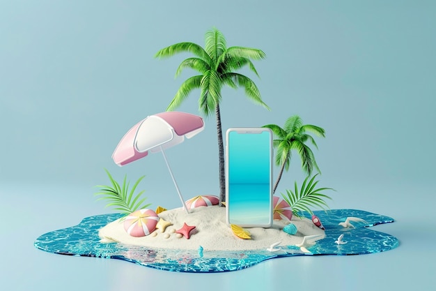 Foto renderização 3d praia de verão criativa em smartphone com fundo azul conceito de férias de verão