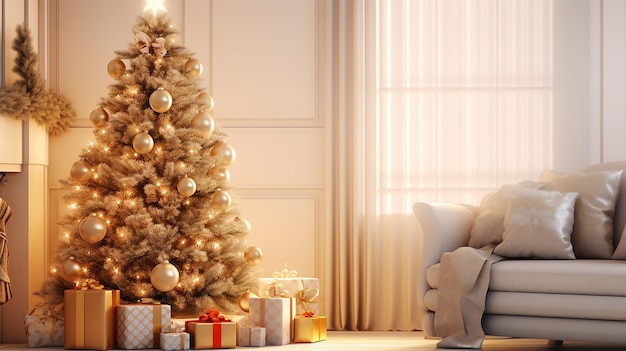 Renderização 3D premiada de um interior com árvore de Natal