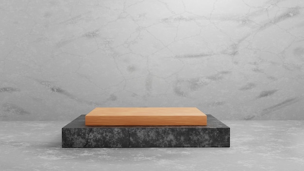 Renderização 3D quadrada de madeira e pódio de pedestal de concreto em fundo de textura de cimento cinza para modelo de maquete de apresentação. Ilustração de conceito de maquete de palco de exibição de geometria.
