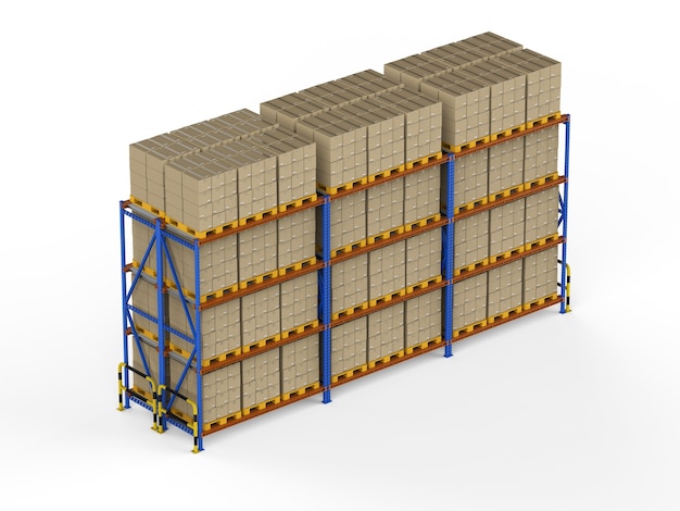 Renderização 3D rack de armazém com caixas de papelão em fundo branco