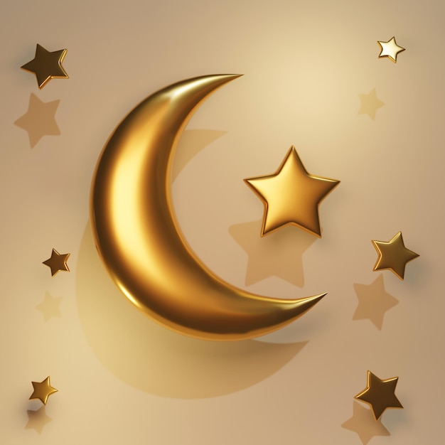 Renderização 3d ramadan kareem banner background lua muçulmana dourada e decoração estelar cartão postal quadrado