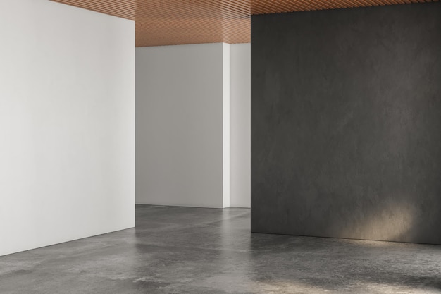 Renderização 3D realista da sala vazia bela luz solar e sombra da moldura da janela na parede em branco preta parede branca piso de concreto teto de madeira Fundo Interior Vista frontalMock up