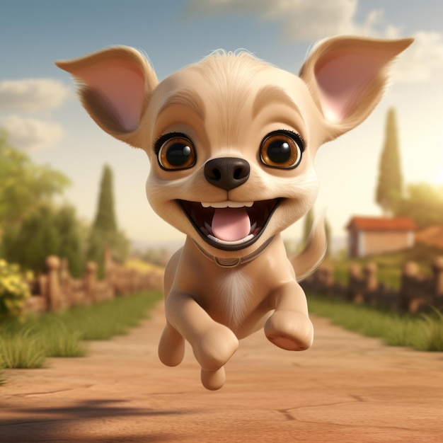 Renderização 3d realista de bebê feliz chihuahua correndo estilo Pixar