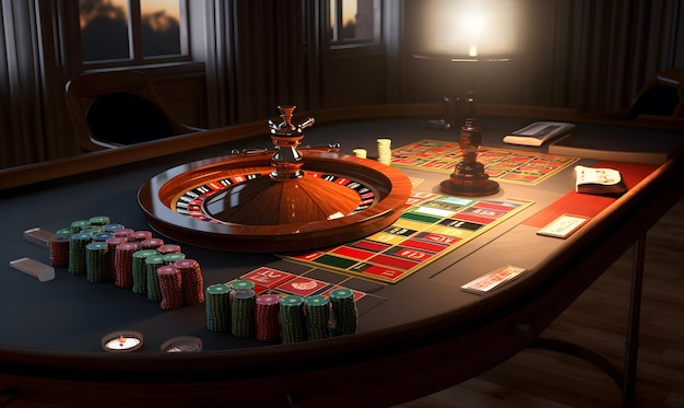 Renderização 3D realista de uma mesa de cassino com fichas e roleta em um ambiente de jogo interno