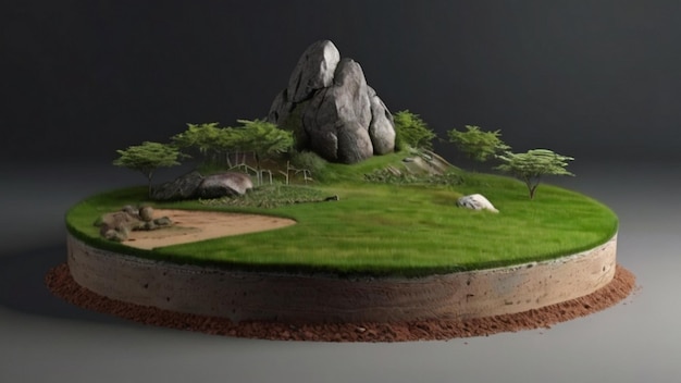 Foto renderização 3d realista do círculo de corte do solo com rocha isolada ilustração 3d da seção transversal do solo redondo com terra de terra e grama verde