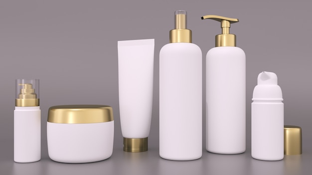 Renderização 3d realista em branco recipientes cosméticos para cremes e garrafas tônicas. garrafa e tubo, creme tônico para pele de cuidado