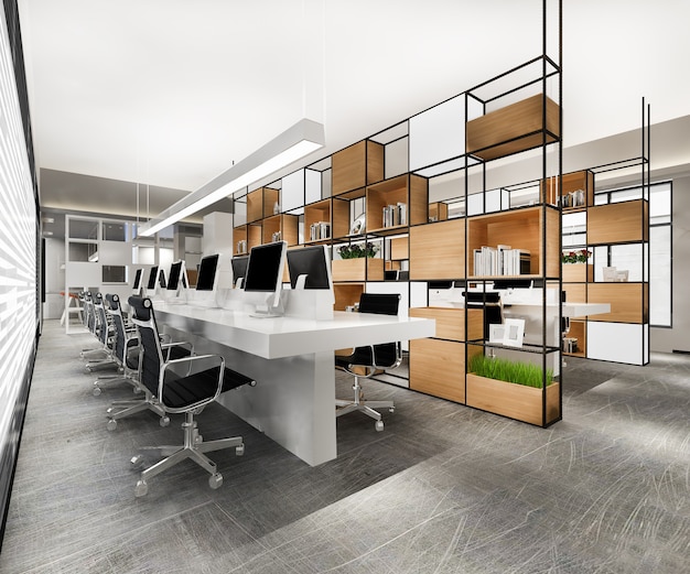 Renderização 3D, reunião de negócios e sala de trabalho em prédio de escritórios