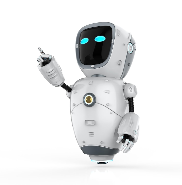 Foto renderização 3d robô de inteligência artificial fofa ou ponto de dedo do robô assistente isolado no branco