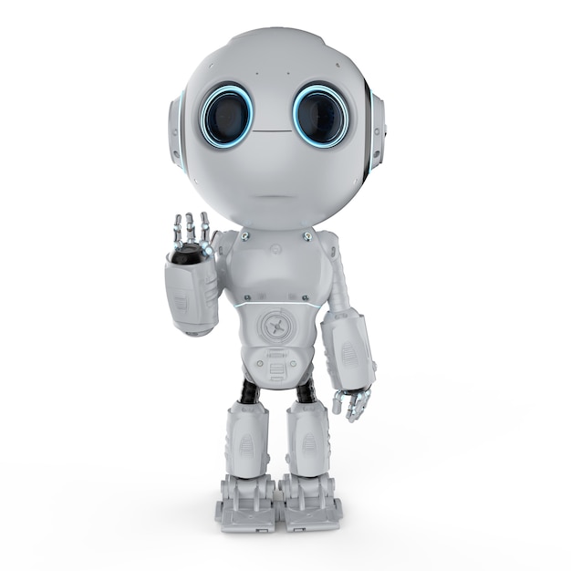 Renderização 3D robô fofo de inteligência artificial com mão de personagem de desenho animado para cima