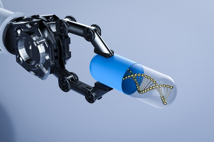 Foto renderização 3d robótica segurando cápsula com hélice de dna