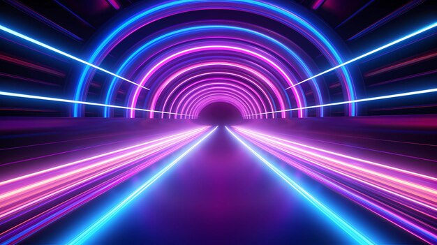 Renderização 3D rosa azul amarelo luz neon brilhante túnel colorido renderizado fundo de palco científico